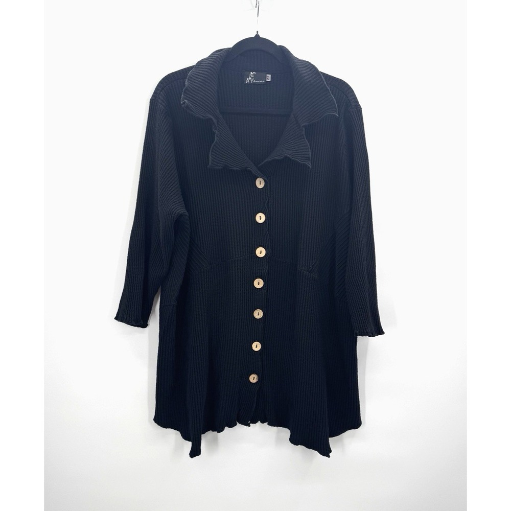 Fenini 2X Black Button Down 3/4 Sleeve Waffle Knit Lagenlook Boho Fairy Grunge